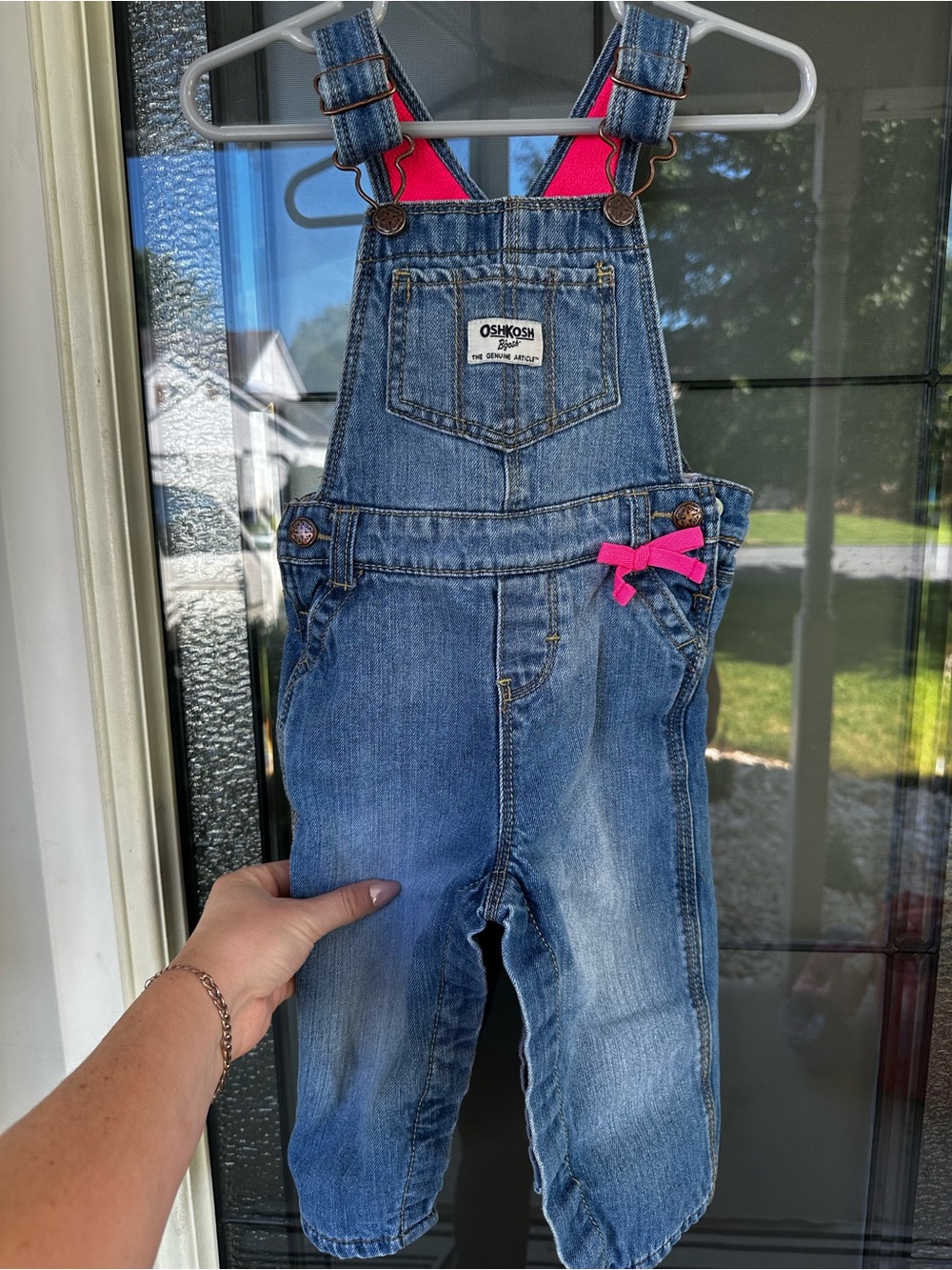 OshKosh B'gosh Blue Denim Overalls with Bright Pink fleece Lining 18M